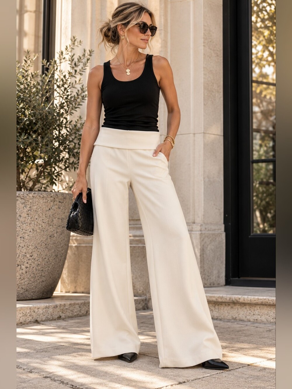 Anthropologie NWT  Modern Flare Pants Ivory Foldover Waist Size 8